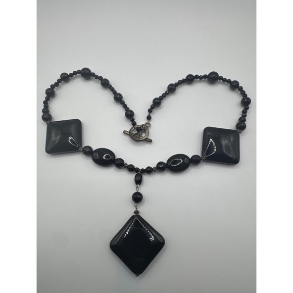 Jewelry - VTG Black Geometric Statement Necklace Square Beaded Toggle Clasp Silver Tone